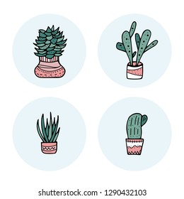 Succulents in doodle style. Set of house plants. Poster, banner, greeting card, print isolated elements. Vector color illustration.