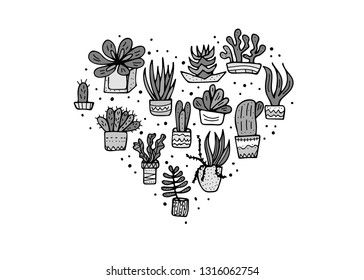 Succulents in doodle style. Set of house plants. Heart shape composition. Poster, banner, greeting card, print isolated elements. Vector black and white design illustration.