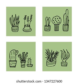 Succulents in doodle style. Set of house plants. Poster, banner, greeting card, print isolated elements. Vector illustration.