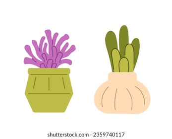Succulents at flowerpots set. Cactus in beige and green flowerpots. Decor elements for apartment. Stickers for social networks. Cartoon flat vector collection isolated on white background