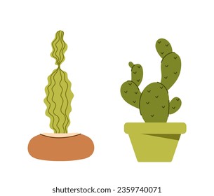 Succulents at flowerpots set. Plants in colorful flowerpots. Decor and interior elements for home. Floristry and botany. Cartoon flat vector collection isolated on white background