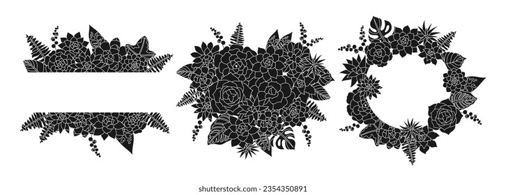 Gravierungsset für Bildbezeichnungen im Rahmen von Sukkulenten. Grüne Grenze, Blumenkranz-Banner, Ätzung floraler Sommer rustikale Hintergrund. Design für die Hochzeitseinladung, speichern Sie die Datumskarte, Grußbanner-Hintergrund