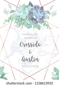 Succulents geometric vector design frame. Dusty blue echeveria, eucalyptus, greenery. Seasonal wedding card. Art deco style. Gold line art with marbled stone texture. Isolated and editable.