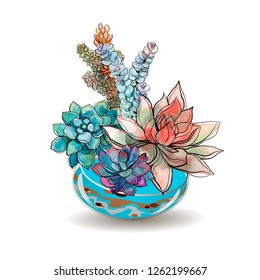 Succulents in glass aquariums. Colored sand. Flower decorative compositions. Graphics. Watercolor. Vector.