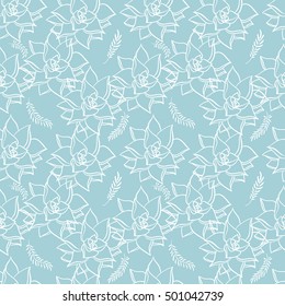Succulents. Hand drawn seamless pattern plants on turquoise blue background. Cactus succulents in a planter.
