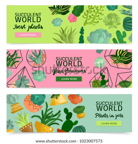 Succulents horizontal banners set with succulent world symbols flat isolated vector illustration