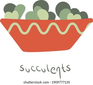 Succulents. House plant in a clay pot. Home gardening. Hand drawn vector illustration in simple hygge style. Perfect for poster, sticker, print, card