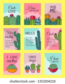 Succulents invitation cacti green plants vector illustration. Nature botanical houseplant floral banner. Cactus design botany bouquet. Decorative flora garden card.