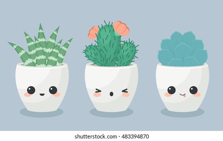 Succulents in kawaii faces flower pots. Vector illustration. 