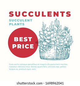 Succulents Plant Abstract Vector Sign or Label Template. Hand Drawn Potted Plants Sillhouette with Modern Typography Home Gardening Card. Houseplant Advertising Emblem or Package Label. Isolated.