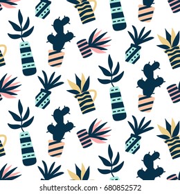 Succulents plants colorful seamless pattern, isolated on white. Vector illustration. Modern Scandinavian design. Home decor, textile print, wallpaper.