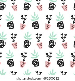 Succulents plants seamless pattern, mint and quartz colors, isolated on white. Vector illustration. Modern Scandinavian style