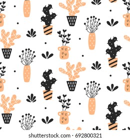 Succulents plants seamless pattern, mint and quartz colors, isolated on white. Vector illustration. Modern Scandinavian style