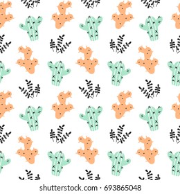 Succulents plants seamless pattern, mint and quartz colors, isolated on white. Vector illustration. Modern Scandinavian style
