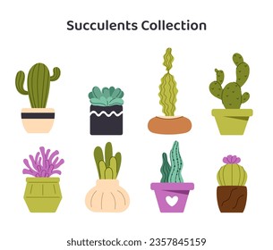 Succulents and plants set. Cactus and decorative flowers in pots. Elements of decor and interior. Trendy hugge style, urban jungle. Cartoon flat vector collection isolated on white background