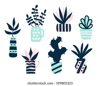 Succulents plants set, mint and quartz colors, isolated on white. Vector illustration. Modern Scandinavian style 