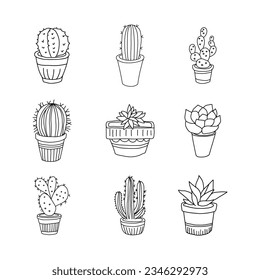 Succulents in pods. Doodle cactus set  home plant coloring page design element