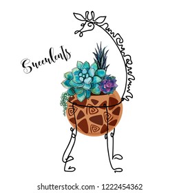 Succulents in a pot as a giraffe. Graphics with watercolor fills. Flower arrangement. Vector.