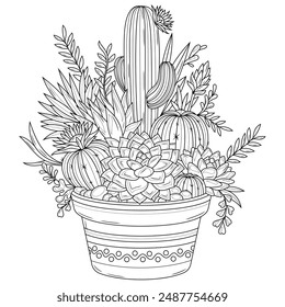 Succulents in a pot.Coloring book antistress for children and adults. Illustration isolated on white background. Hand draw