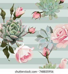 Succulents and roses vector seamless pattern of floral ornament with green stripes.