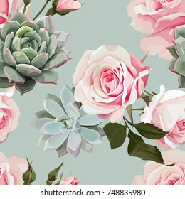 Succulents and roses vector seamless pattern of floral ornament with mint green flowered background