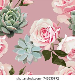 Succulents and roses vector seamless pattern of floral ornament with Dusty Pink flowered background