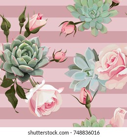 Succulents and roses vector seamless pattern of floral ornament with dusty pink stripes.