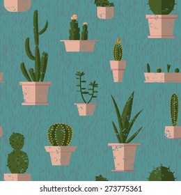 Succulents seamless grunge pattlern in retro style.