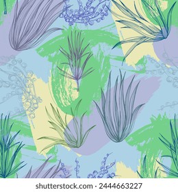 Suculentos Patrón sin fisuras con flores tropicales abstractas, hojas y Formas. Diseño de flores de selva de verano. Ideal para tela, textil, papel de embalaje, Fondo de pantalla. textura del Vector