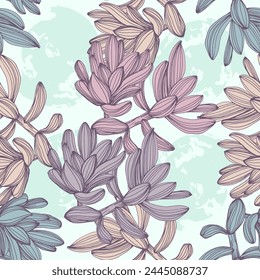 Succulents Seamless pattern with abstract tropical flowers, leaves and shapes. Summer jungle florals design. Great for fabric, textile, wrapping paper, wallpaper. Vector texture
