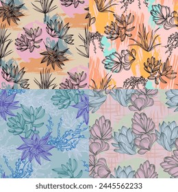 Succulents Seamless pattern with abstract tropical flowers, leaves and shapes. Summer jungle florals design. Great for fabric, textile, wrapping paper, wallpaper. Vector texture