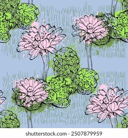 Succulents Seamless pattern with abstract tropical flowers, leaves and shapes. Summer jungle florals design. Great for fabric, textile, wrapping paper, wallpaper. Vector texture