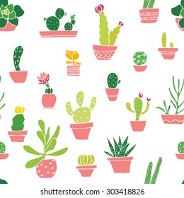 Succulents seamless pattern in cartoon style. Bright colors. Vector.