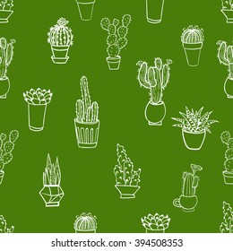 succulents seamless pattern with cute hand drawn home plants and cacti, doodle-style cute ornament, could be used as a background, textile print, in polygraph or web-design