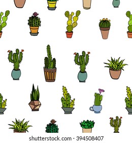 succulents seamless pattern with cute hand drawn home plants and cacti, doodle-style cute ornament, could be used as a background, textile print, in polygraph or web-design