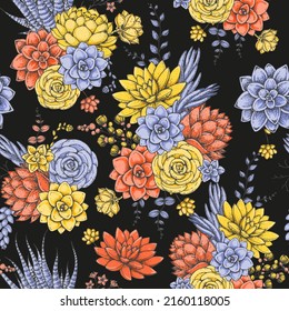 Succulents seamless pattern. Hand drawn vector illustration. Floral print on black background. Illustration for t-shirt print, fabric, greeting cards, wedding invites and other uses.
