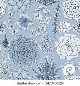 Succulents seamless pattern. Succulent ornament.  Natural composition. Colored succulents and cactus floral print. Hand drawn art work.