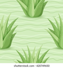 Succulents seamless pattern. Vector illustration with succulents, green wave, light green background