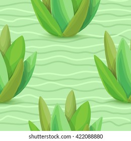 Succulents seamless pattern. Vector illustration with succulents, green wave, light green background
