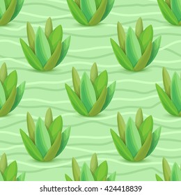 Succulents seamless pattern. Vector illustration with succulents, green wave, light green background
