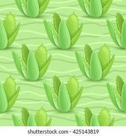 Succulents seamless pattern. Vector illustration with succulents, green wave, light green background
