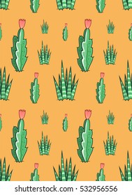 Succulents seamless pattern with yellow background. Vector colorful illustration