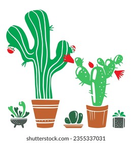 С acné y suculentos colocados en macetas en un estilo plano sobre un fondo blanco. Plantas de cactus ornamentales en macetas con flores. Ilustración de silueta para el interior, afiche de la florería, diseño de tarjetas