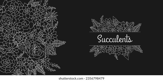 Succulents template banner background. Greenery frame border, flower engraving banner, floral summer rustic backdrop. Design for wedding invitation, save the date card, greeting, background ornament