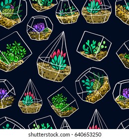 Succulents in terrarium seamless pattern