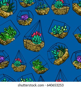 Succulents in terrarium seamless pattern