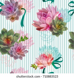 Succulents. Tolstyanka. Seamless background. Background stripe. Blue. Vector.