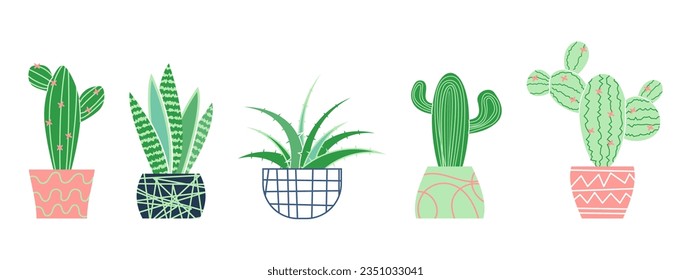 Succulents of various shapes. Potted plants. Cactus potted. Vector hand drawn illustration isolated on white background.