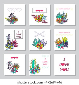 succulents,set of postcards, template,Vector succulent frame,Terrariums with flowers. 