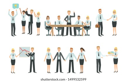 Sucessful Business People Characters Working in Office Set, Teamwork, Business Meeting, Negotiation, Brainstorming Vector Illustration